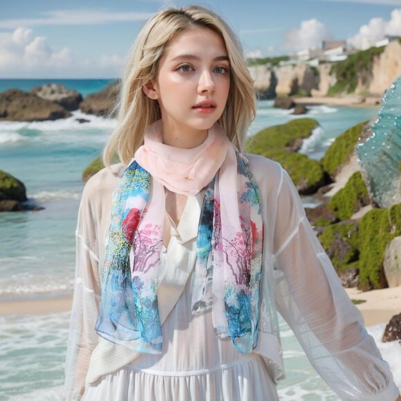 Women's Beige Fashion Lightweight Head Scarf Floral Print Chiffon Scarves - Picture 5 of 6